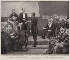 Invigningssessionen för Society of Arts, general Sir Owen Burne presenterar medaljerna